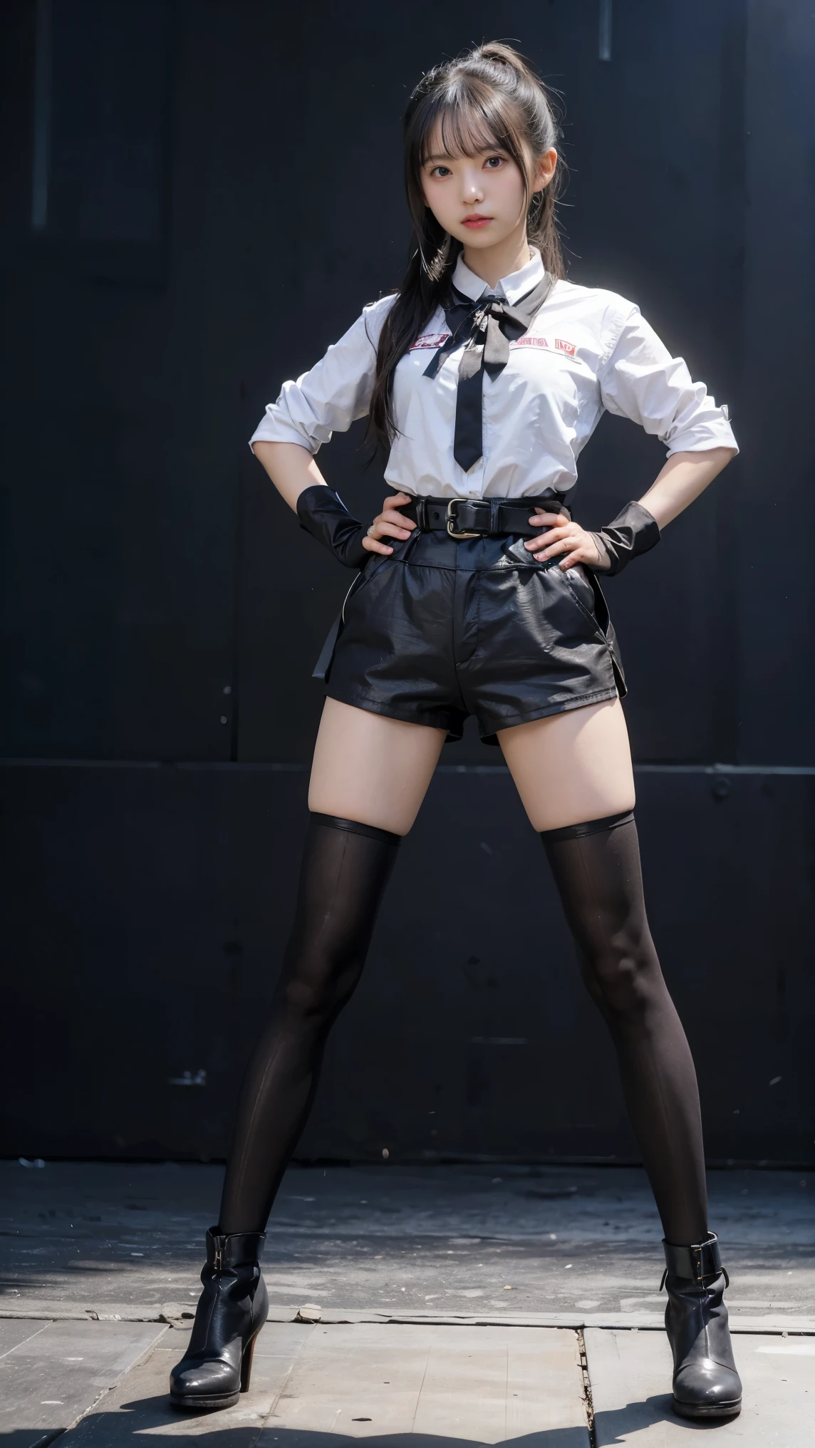 A 10 year old boy in black latex tights sitting in front of a plain white background，legs are open、Protruding