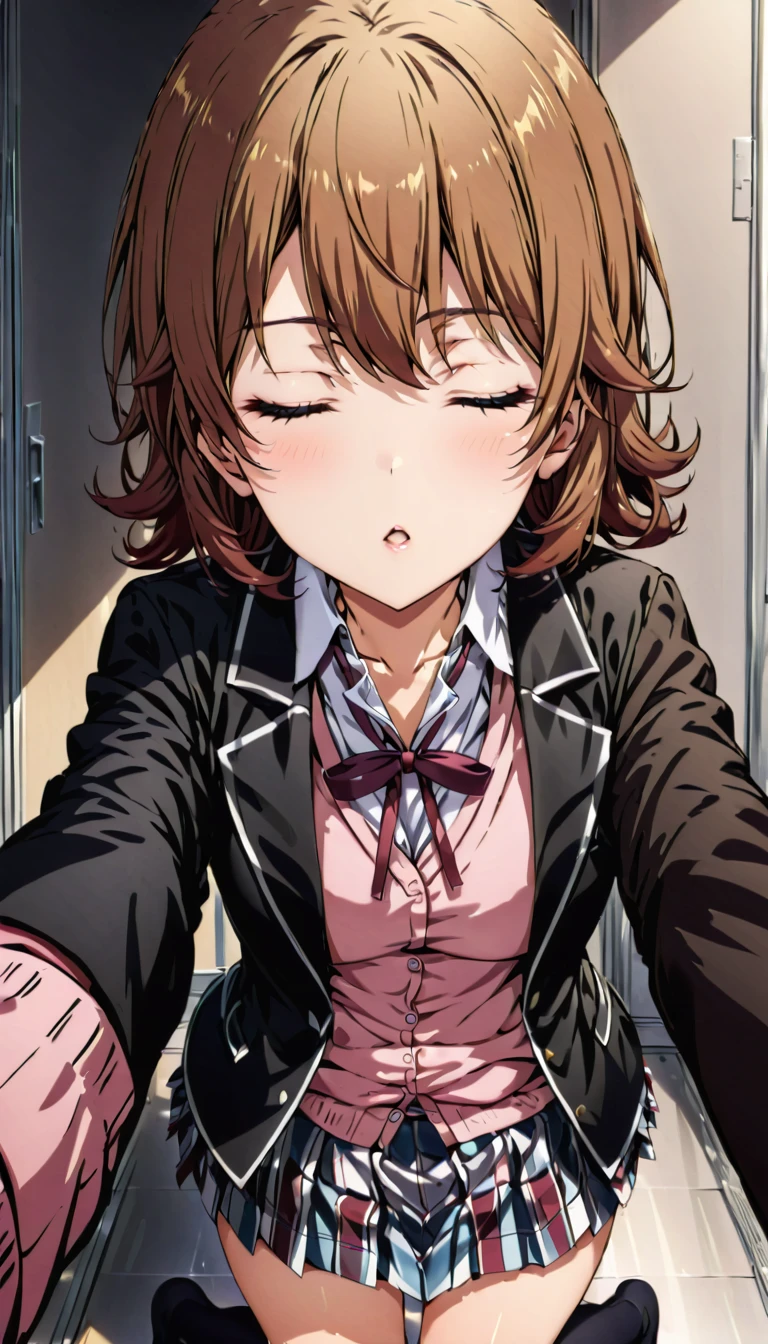 iroha isshiki, short hair, brown hair, closed eyes, skirt, shirt, ribbon, school uniform, jacket, white shirt, open clothes, socks, open jacket, black jacket, plaid, kneehighs, plaid skirt, blazer, cardigan, black socks, pink cardigan, sobu high school uniform, incoming kiss, face waiting for kiss, reaching out, pov, best quality, ultra-detailed, high resolution, 8K,