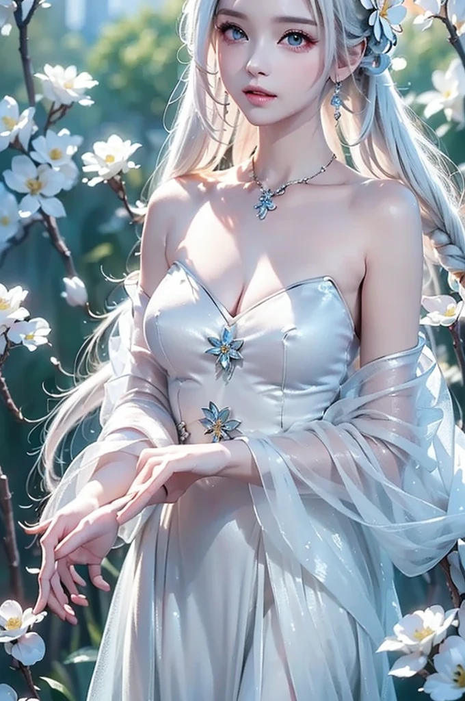 ((masterpiece:1.5、best quality, Very detailed、Realistic))(Photo studio、flower back ground, fantasic composition)1girl, sweet girl, off shoulder, medium breasts, white hair, beautiful, Light shines in、Anti-aliasing effect、Thaw
