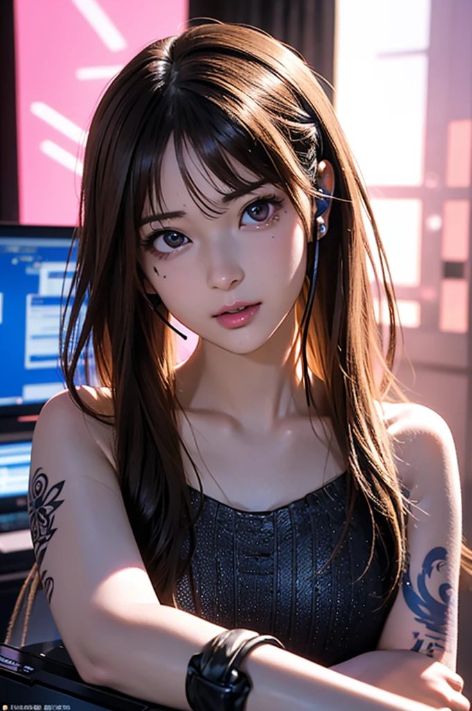  High Resolution , 8k, Best Quality, detailed, Semi-realistic anime, 3D anime style sex, Smooth anime CG, One Girl, 20 year old Japanese woman, slim, modeling,  shiny brown hair, detailedな顔, Beautiful and detailed,   glowing skin  , Hard Focus、 film grain , Soft lighting,   viewers, Laughter、((  The background is a cyberpunk room with lots of monitors.......、The costumes are corded  、Long hair color pink、 headset on head 、Small tattoo on face、Female DJ、Gazing at the viewer))