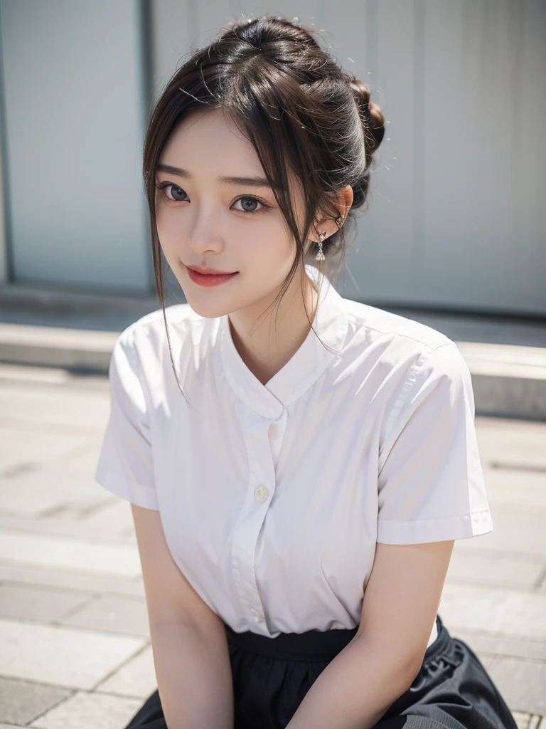 (extremely detailed CG unity 8k wallpaper), (masterpiece), (best quality), (ultra-detailed), (best illustration), (best shadow), ultra-high res, (realistic, photo-realistic:1.2), 1girl, shopping mall rooftop cafe, white opaque shirt with bow tie, puffy eyes, looking at viewer, smile, close up, <lora:mlnhe:0.8>