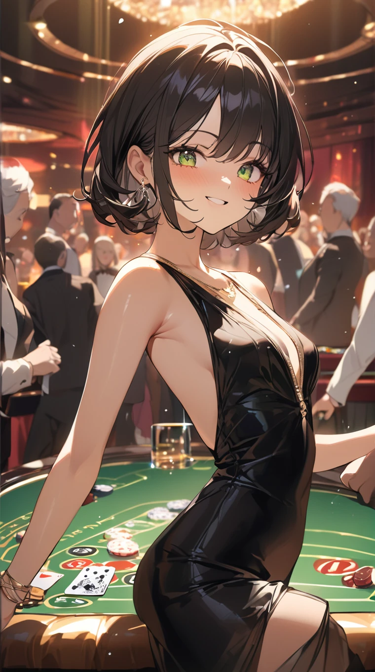 One Girl、Excited expression、Sharp Eye、 short hair、 casino dealer outfits、Have a card、Small breasts、 Confident Atmosphere 、  
   break、  
   Bright light、( Dramatic Shadows :1.1)、 Vivid Hues 、 dynamic atmosphere 、  
   break、  
   Luxury Casino、Luxurious interior、 gambling table 、People around you々The buzz 、 energetic environment 、absurdres, highres, ultra detailed, beautiful, masterpiece, best quality
