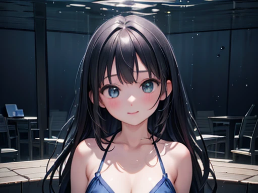 Japanese girl in blue bikini at the pool、Black Hair、(Green Eyes)、Long Hair、diving underwater、float above the water、Looking at the audience、Pose with a smile(Highest quality、masterpiece)))、High resolution、Very detailed、masterpiece、Cinema Lighting、(8k、Highest quality、masterpiece:1.2)、(Realistic、Photorealistic:1.37) High resolution、Very detailedな、1 girl 、Asian, cute, cute顔, Beautiful and detailed skies in Solo, Cinema Lighting, Written boundary depth, Lens flare light、date、(Blushing your nose)、(Shut your mouth.)Small breasts、Beautiful and delicate eyes、Camera angle looking up from below、Large Breasts