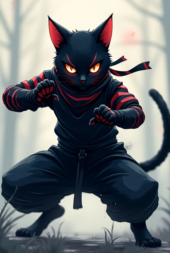 Create a cool black ninja cat image. Make it striped. Tune anime