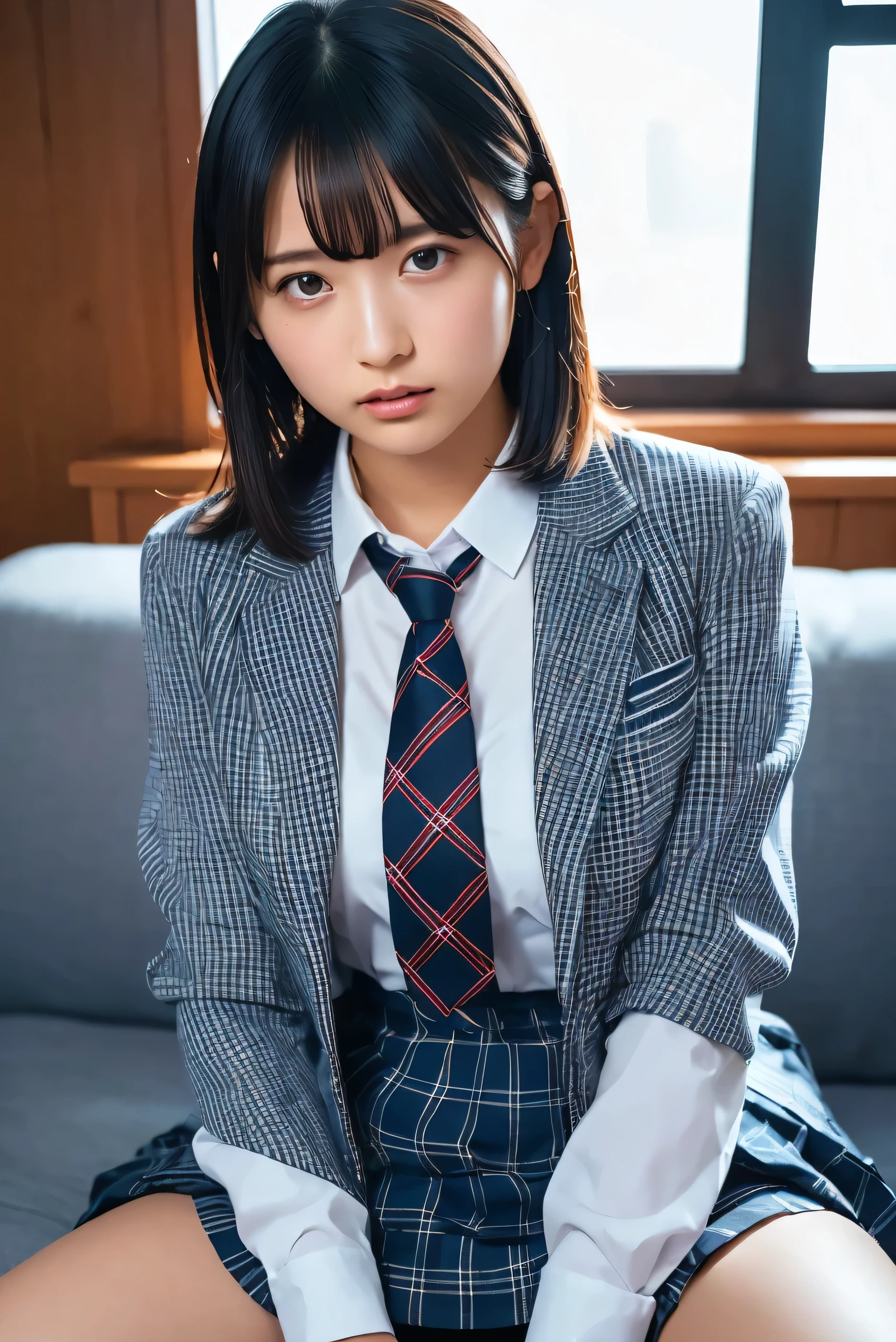 (8k, RAW Photos,Best Quality, High Resolution :1.1), (超Realisticな:1.4),(Realistic, Realistic:1.3),Japanese beauty 1 girl, Alone, necktie, spread legs, skirt, sitting, school uniform, looking at viewer, plaid, presenting, brown eyes, jacket, socks, striped, couch, striped necktie, shirt, skirt lift, lips, blue necktie, black hair, plaid skirt, clothes lift, white shirt, collared shirt, blazer, long sleeves, indoors, bangs, is, closed mouth, thighs, nose, blue jacket, brown hair, pleated skirt, blue skirt,(( upper body:1.3))
