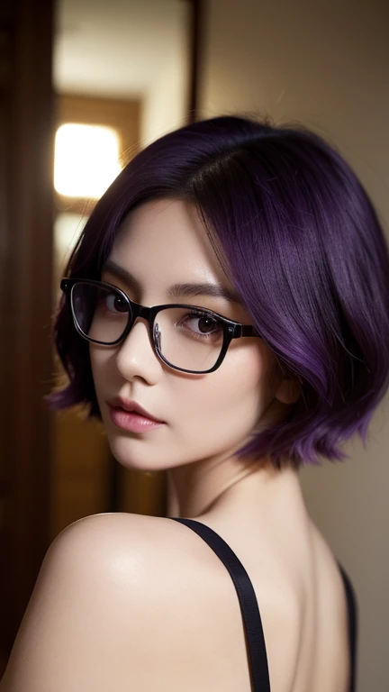  1 girl,  mature women, masterpiece, mistress, goddess,short hair ,(([Purple hair )),Glasses