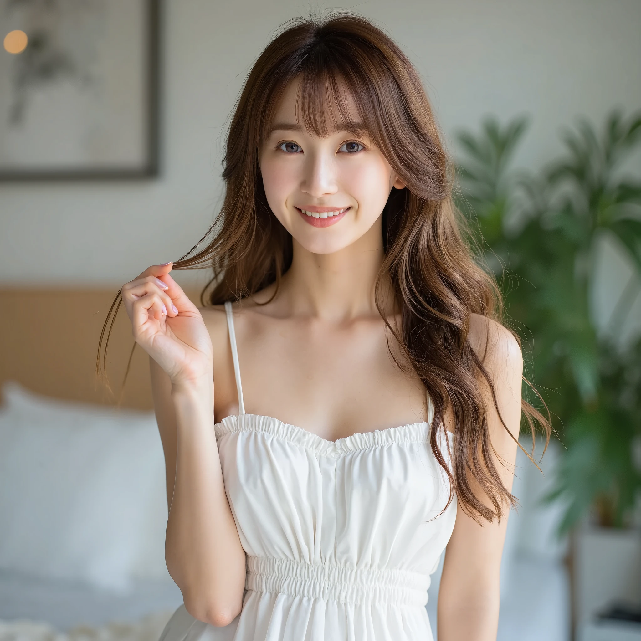 one beautiful lovely women, ((grinning)),Skinny Japanese young woman,)),Sexy, Detailed face, beautiful eyes, bangs, medium breasts, very thin waist, Light Brown wavy Hair, Faint lips, ((standing at front, Staring at the viewer,)), white summer dress, pleated skirt, light brown, long wavy hair, stylish, cozy, casual fashion, (full-body photo), arm up and gently posed.