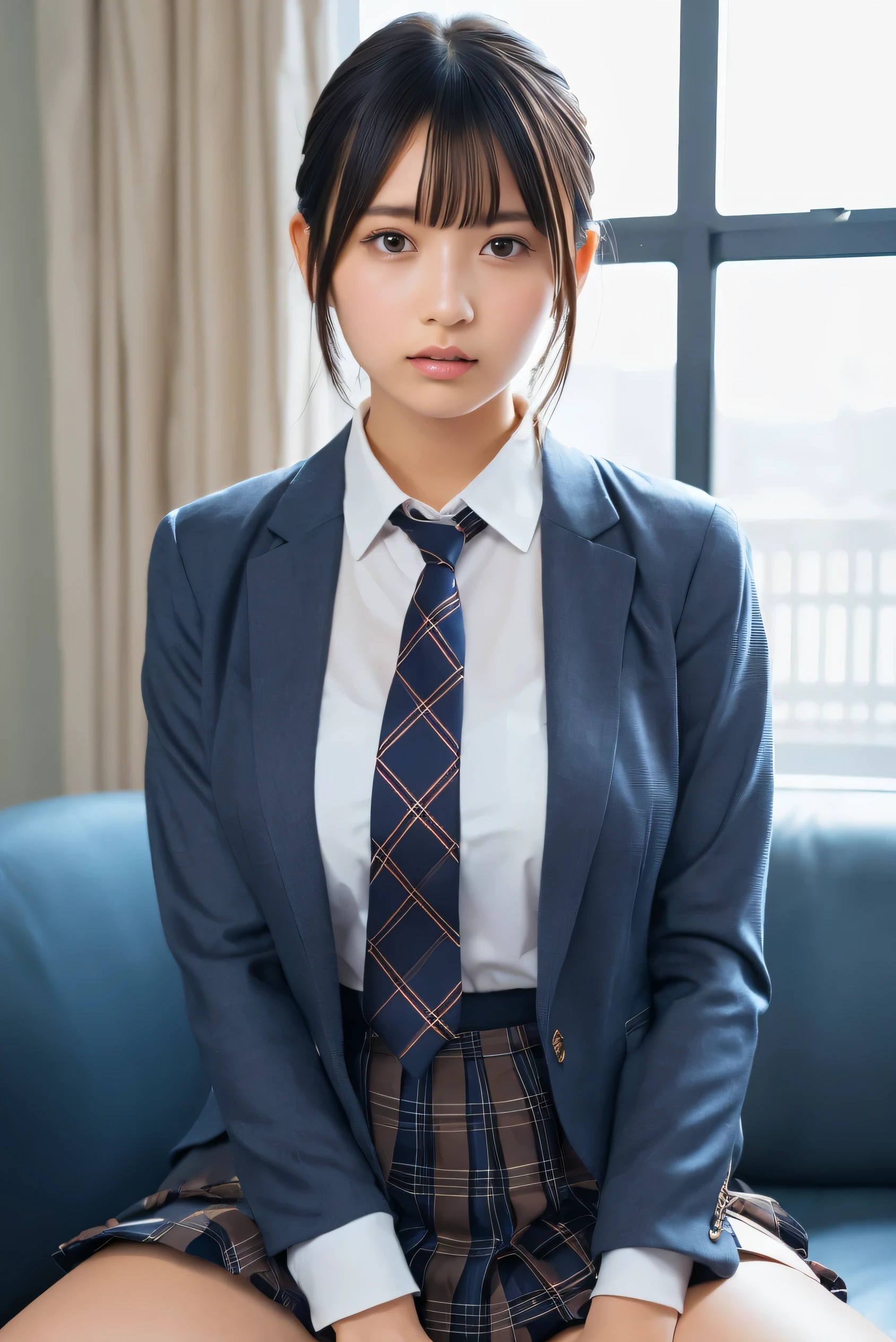(8k, RAW Photos,Best Quality, High Resolution :1.1), (超Realisticな:1.4),(Realistic, Realistic:1.3),Japanese beauty 1 girl, Alone, necktie, spread legs, skirt, sitting, school uniform, looking at viewer, plaid, presenting, brown eyes, jacket, socks, striped, couch, striped necktie, shirt, skirt lift, lips, blue necktie, black hair, plaid skirt, clothes lift, white shirt, collared shirt, blazer, long sleeves, indoors, bangs, is, closed mouth, thighs, nose, blue jacket, brown hair, pleated skirt, blue skirt,(( upper body:1.3))