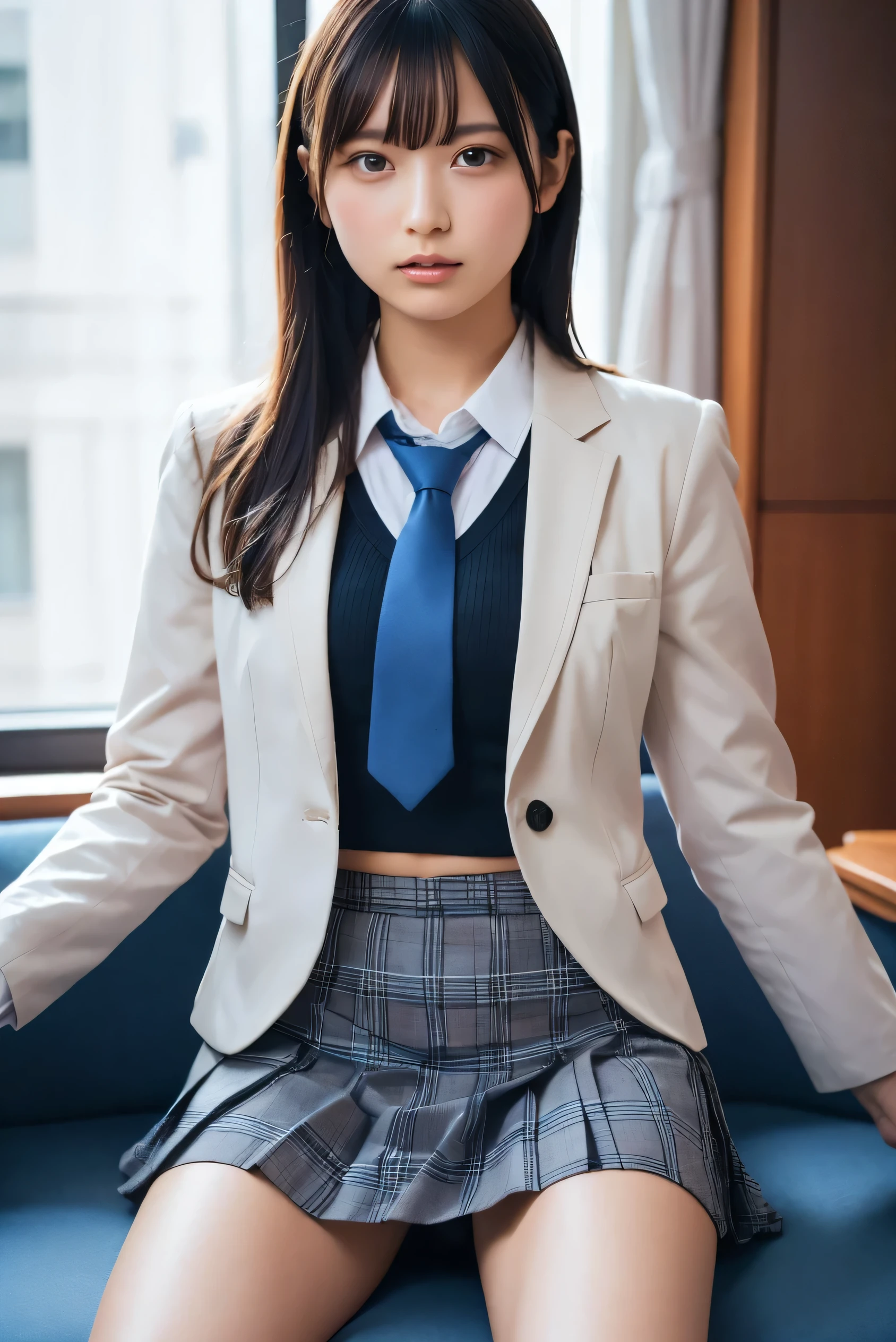 (8k, RAW Photos,Best Quality, High Resolution :1.1), (超Realisticな:1.4),(Realistic, Realistic:1.3),Japanese beauty 1 girl, Alone, necktie, spread legs, skirt, sitting, school uniform, looking at viewer, plaid, presenting, brown eyes, jacket, socks, striped, couch, striped necktie, shirt, skirt lift, lips, blue necktie, black hair, plaid skirt, clothes lift, white shirt, collared shirt, blazer, long sleeves, indoors, bangs, is, closed mouth, thighs, nose, blue jacket, brown hair, pleated skirt, blue skirt,(( upper body:1.3))