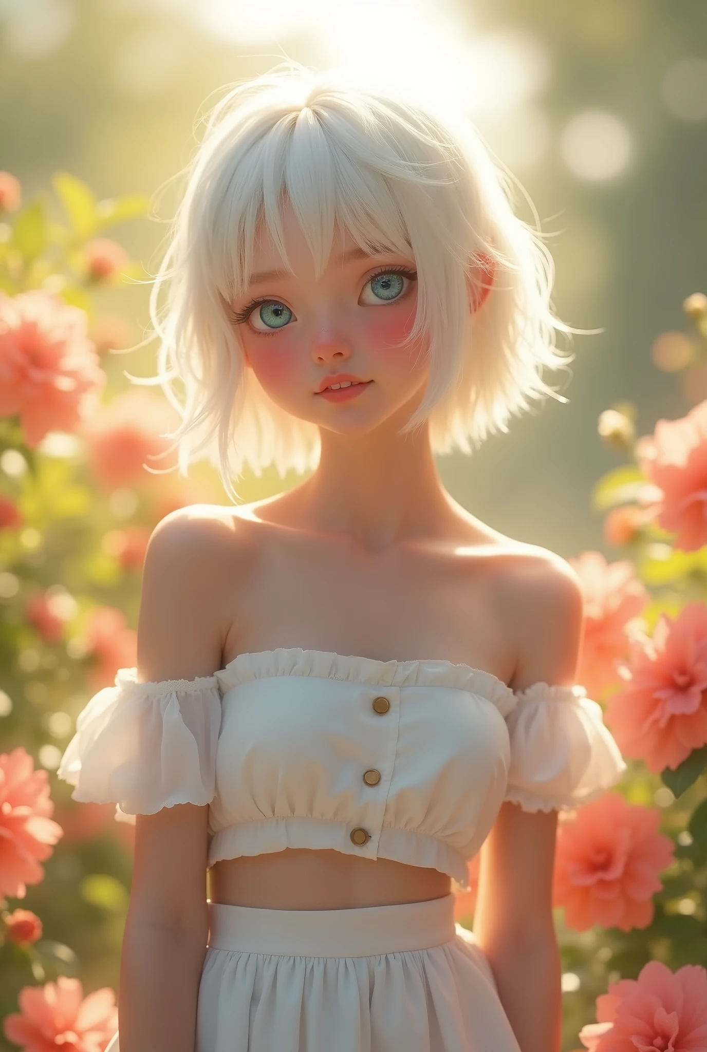 (masterpiece, best quality:1.4), Young blonde beauty, (((18 years old, neat girl))), detailed blue eyes, long eyelashes, blush, kind smile, horny, upper body, short top, small ass, short pink skirt, (looking at viewer), (close up), beautiful blonde hair, white-skinned, (bangs:1.3), pigtails, squeezing, (medium size breasts), (mushroom forest, celestial forest, beautiful and magnificent pink sunshine, majestic sky), natural light, pastel colors