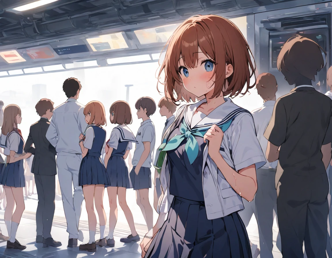 Daily life is full of people, station platform, high school girl summer suit, white sailor suit, navy blue collar sailor suit, white socks, black loafer scarf, red high school uniform:1.3 Beautiful Sweaty Brown Hair Bob Cut Hair Mob Silhouette :1.3