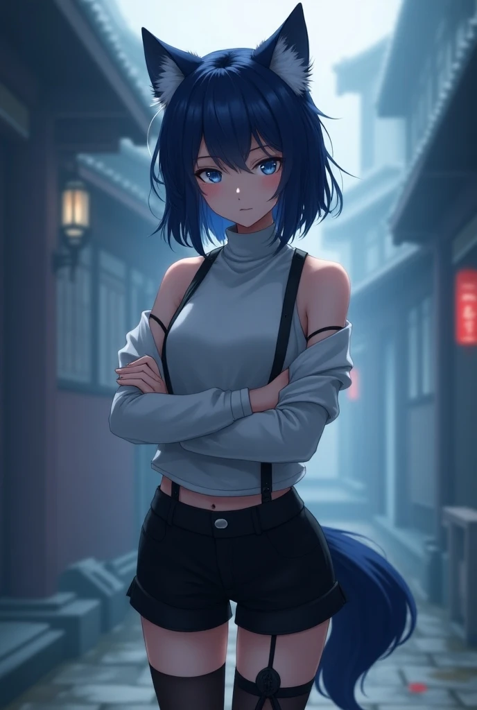 Oriental Project ,  Flanders Scarlett Hands Crossed at Waist .,  cute, Anime, 4K,  masterpiece , Whole body, Game of Shadows, Highest quality, Full details,1 girl,  looking at the viewer ,alone, chest, Long hair, set, blue eyes,Open shoulders, Open mouth,Wolf ears,  dark blue hair , Sleeveless, black set, white shirt,Tie bar , black shorts,tights,Leg strap ,Low Waist, Lips, Depth of field, Blurred Background, Turtleneck Shirt , telephone,  mole under the mouth ,  facing the viewer, hair,  Jorha Solo , shill, shillระหว่างตา, Shiny hair, Long hairมาก, Let your hair down, chestใหญ่, tooth, Hair clip, Put on your headphones, GLARE HEADPHONES, My hair,Shiny hair, Mobile Play Streamer Playing a game Sitting on a Doll Pillow