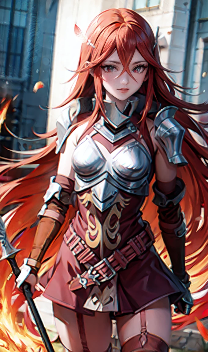 breastplate, elbow armor, both arms, two arms, perfect arms, 1girl, solo, red hair, armor, red skirt, long hair, messy hair, cordelia fe, breastplate, shoulder armor, arm armor, Redhead, Fire emblem, Gauntlet, belt, Garter Straps, Knee socks, thighs, anime style, anime screencap, anime best girl, beautiful portrait of cute anime girls, red eyes, (((hair feather))), smile, spear,(((red eyes))), novel illustration, pauldrons, 