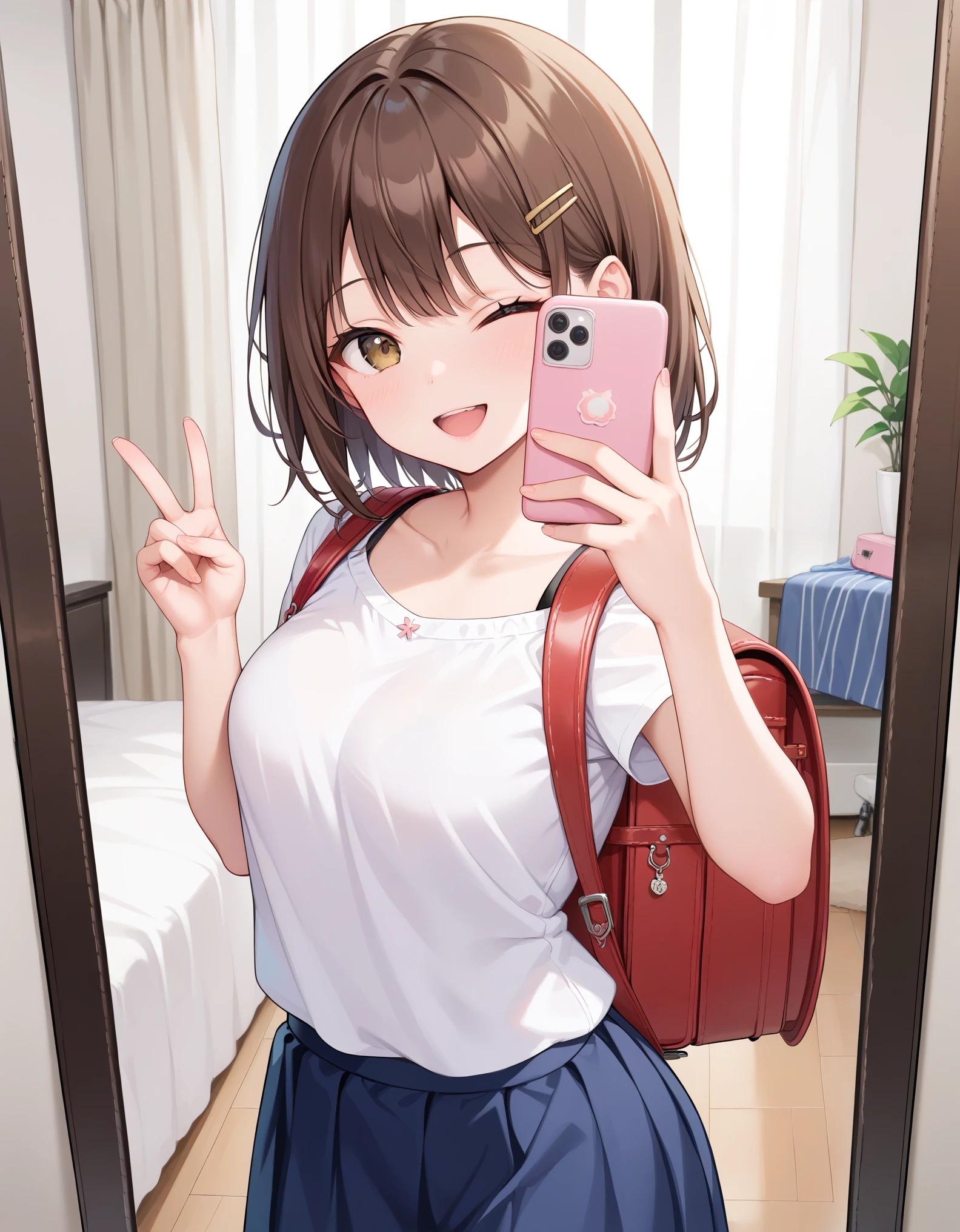 Masterpiece, hd, best quality, 1girl, brown hair, brown eyes, smile, opened mouth, medium hair, hair clip,posing fingers, one eye closed, wearing white shirt, pink bare shoulder, blue skirt, casual outfit, ootd, holding phones, mirror selfie, indoor, mirror, standing, red backpack, wearing randoseru backpack