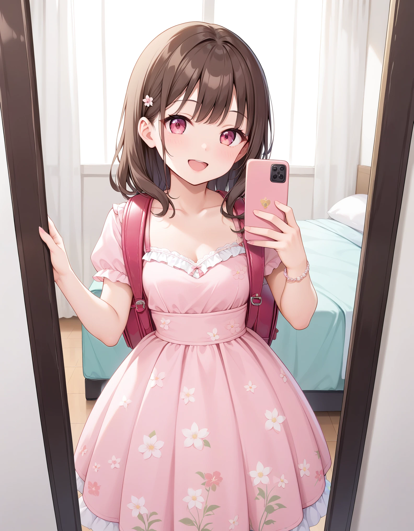 Masterpiece, hd, best quality, 1girl, a girl in a pink dress, wearing pink floral chiton, beautiful pink , brown hair, wearing a pink dress, dressed in a pink dress, girl, Traditional Attire, in a fancy dress, frilly outfit, wearing beautiful clothes, wearing pink floral gown, cute young girl, dressed in a beautiful, wearing randoseru backpack, brown color backpack, square backpack, standing, indoor, mirror selfie, holding phones, posing fingers, smile, opened mouth