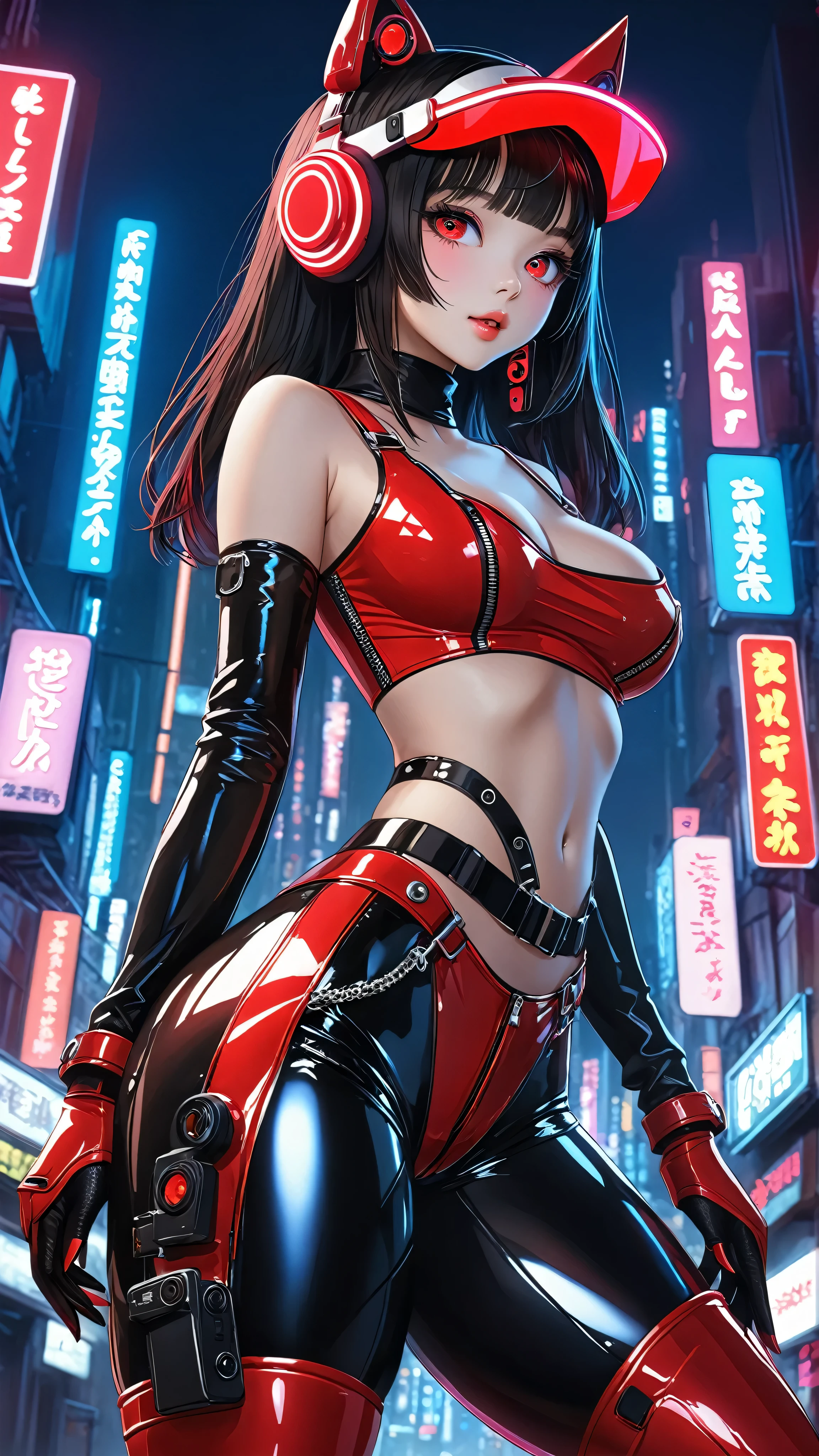 top-quality))、((​masterpiece)、cyberpunked、Big buttocks、Electronic visor attached to 's face with emphasis on buttocks、Cyberpunk Fashion、Sexy Posing、(Wearing shiny red body spats on the lower body、Breasts enlarged、Neon lights in dark city at night, ulzzang, big red eyes, 