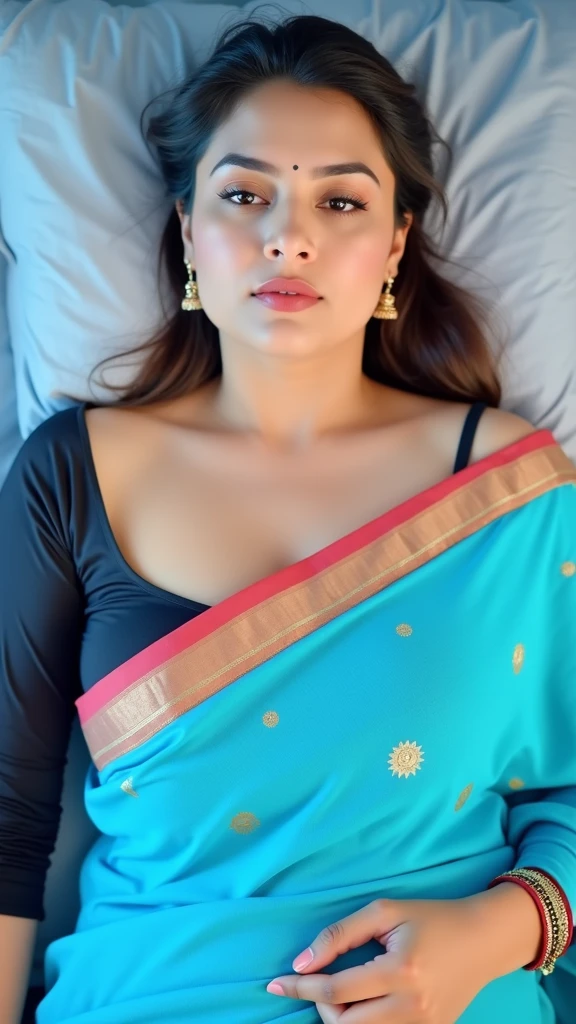 A curvy beautiful girl sleeping on bed look alike Kareena Kapoor wearing low neck sky blue cotton kurta , eyes closed, night scene, dim lights, high detailing, natural skin, ultra realistic, 8k, unreal engine, portrait