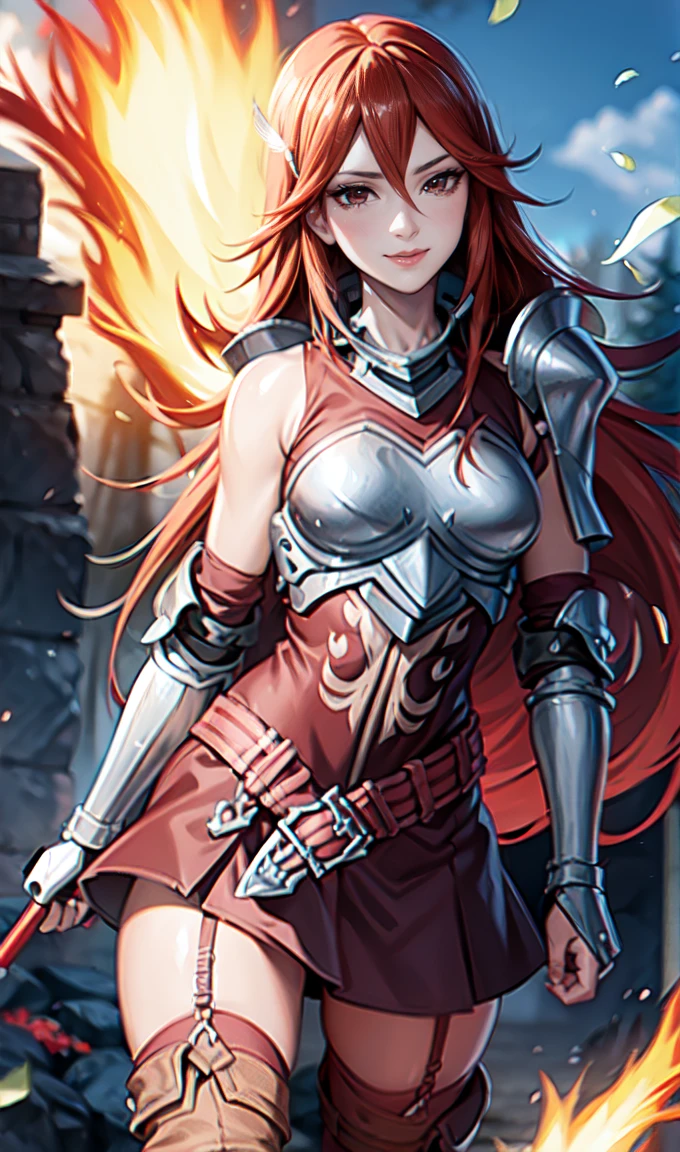 breastplate, elbow armor, both arms, two arms, perfect arms, 1girl, solo, red hair, armor, red skirt, long hair, messy hair, cordelia fe, breastplate, shoulder armor, arm armor, Redhead, Fire emblem, Gauntlet, belt, Garter Straps, Knee socks, thighs, japanese anime style, anime screencap, anime best girl, beautiful portrait of cute anime girls, red eyes, (((hair feather))), smile, spear,(((red eyes))),  pauldrons, 