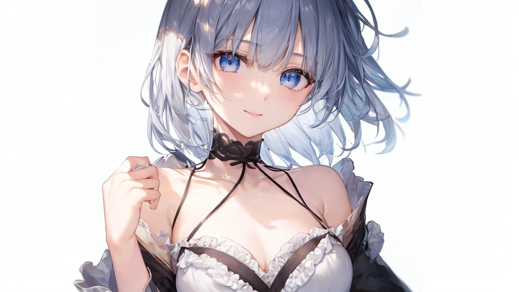 Her eyes were shining、Mysterious and enchanting atmosphere。With AI Painting、とてもShort Hair, Long bangs between the eyes, Very detailed,(masterpiece、Highest quality)、alone、Gray Hair、Fantasy, Silver Hair, Fantasyな風景、White shirt、smile、Open your mouth、Scarf、short hair、Short Hair、hairpin、black eye、Grey Eyes、Beautiful Eyes