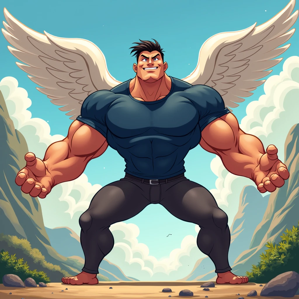 Wolf By Haps, Big Pecs, 1boy, angel wings, barefoot, black hair, male focus, muscular, shorts, solo, sword, weapon, white shorts, wings, Bow