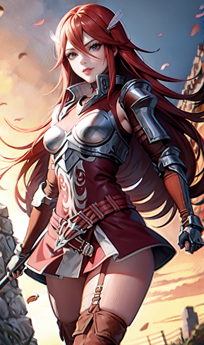 breastplate, elbow armor, both arms, two arms, perfect arms, 1girl, solo, red hair, armor, red skirt, long hair, messy hair, cordelia fe, breastplate, shouldera armor, arm armor, Redhead, Fire emblem, Gauntlet, belt, Garter Straps, Knee socks, thighs, japanese anime style, anime screencap, anime best girl, beautiful portrait of cute anime girls, red eyes, (((hair feather))), smile, spear,(((red eyes))), pauldrons,