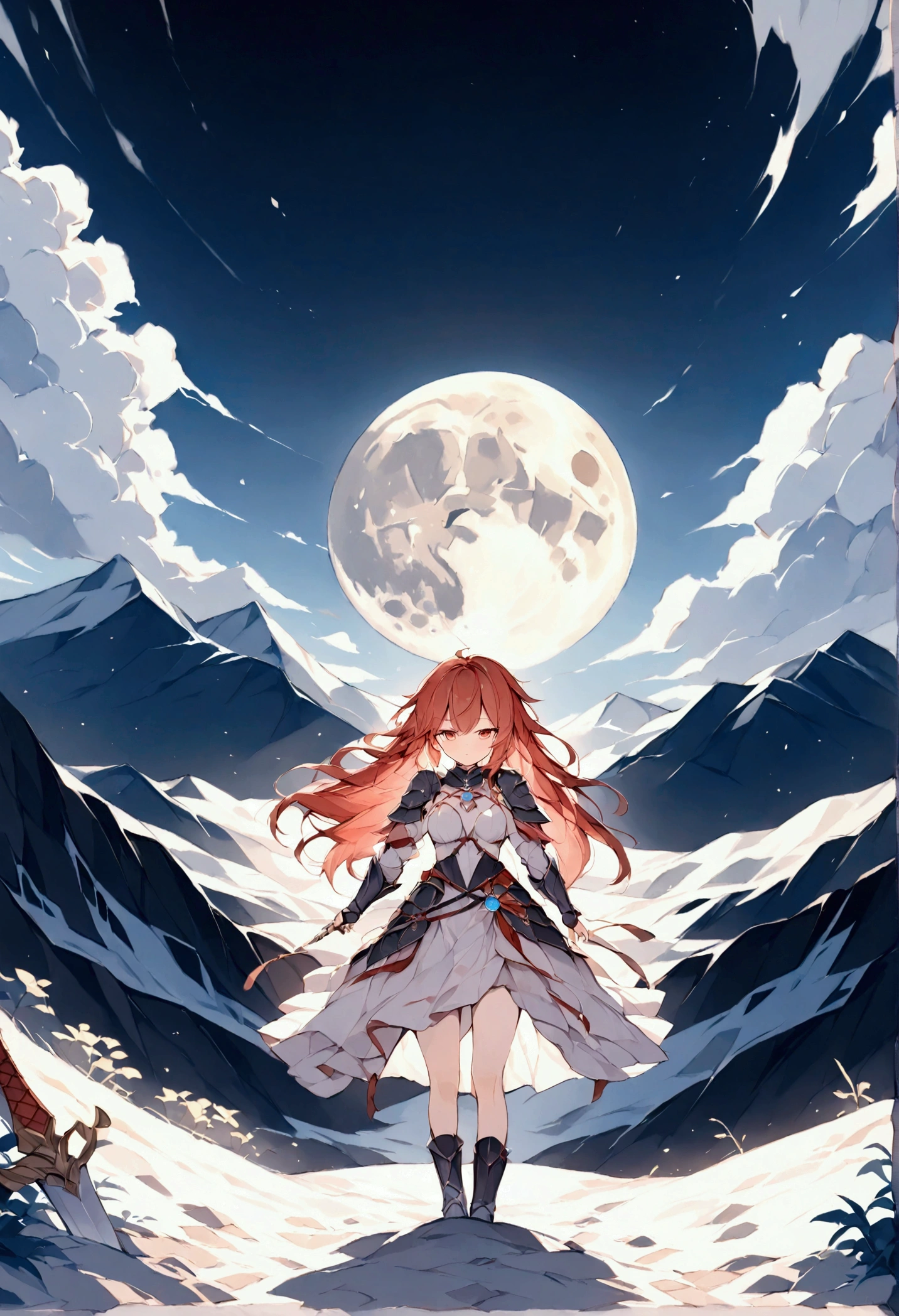  
(masterpiece),(Best Quality), Staring at the Moon , Female Warrior, Red Hair, Long Hair, Rin々Shii, Armor,  Old Sword ,  Final Fantasy , Vision, full moon,8k,  Detailed Costumes,  Moon in the Wilderness , Veteran Hero, Wolf on the Side , Mountains, Illuminated by the moonlight, Far from the audience, Tragic, Aftermath, Illustration of feeling the wind ,  Fantastic Scenery, mihoyo style illustration, (watercolor|1.3)