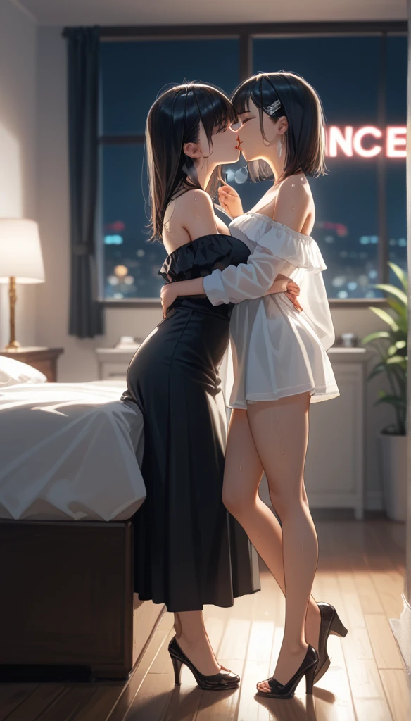 Long black hair, one-off shoulder dress, High leg bikini,  Super Huge Boobs, 

 High Resolution ,  anatomically accurate , masterpiece, Best Quality, high detail,  High Resolution モデル,  very detailed, Oily skin, 超 High Resolution , Background Blur, Exposure, Movie Light Effects, Wide angle,

((Backlighting, UV Blacklight Illumination, The room was dark and had no windows.,  bedroom illuminated with black and neon lights in a miniskirt )), Backlight、

Heterosexual、From the side、Girl straddling a guy, 
sweat,steam, Fatty face, shortness of breath , Charming, Difficulty breathing、Passionate kissing、Licking lips,  Full body view、Convulsively  down、((A wide variety of sound effects、A lot of dialogue)), (Safety Sensor, Safe at Work, Safe work, Workplace Safety) 