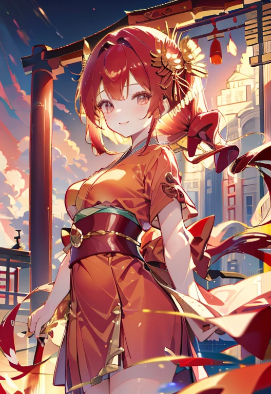  wearing a red shrine maiden costume with a gold border　 The background is a delicate red and golden shrine 　One person　Power dwells 　smile　Red ribbon hair ornament　