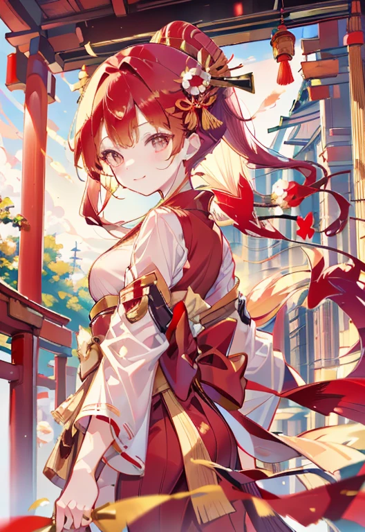  wearing a red shrine maiden costume with a gold border　 The background is a delicate red and golden shrine 　One person　Power dwells 　smile　Red ribbon hair ornament　