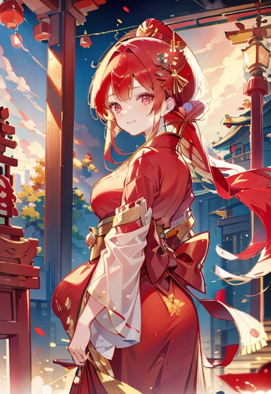  wearing a red shrine maiden costume with a gold border　 The background is a delicate red and golden shrine 　One person　Power dwells 　smile　Red ribbon hair ornament　