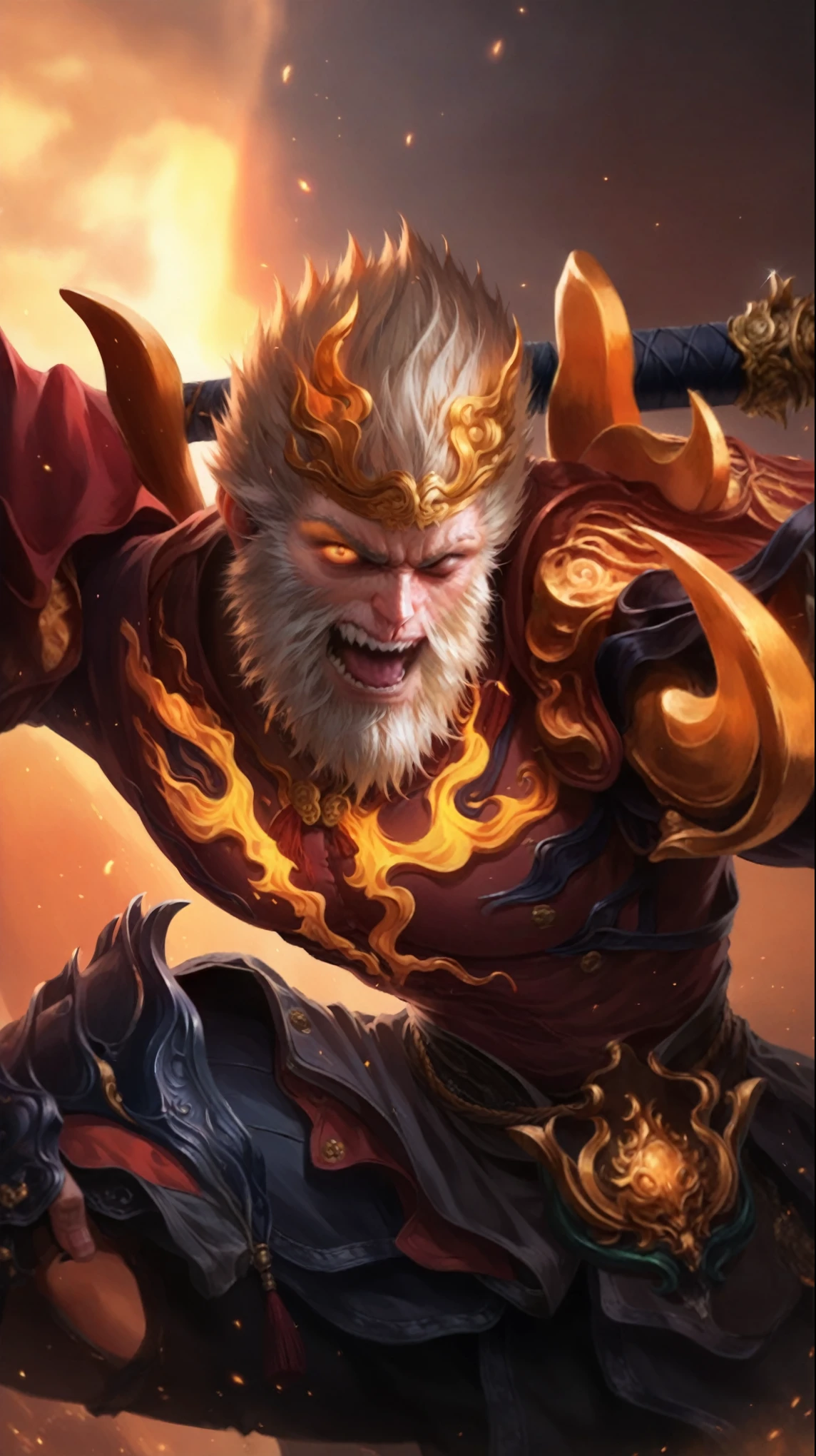 Positive prompts: score_9, score_8_up, score_7_up, score_6_up, BREAK source anime, 1boy, batting stance, Smirk, looking at the viewer, monkey king shiny armor, weapon, WU KONG, GOLDEN CUDGEL, HOLDING WEAPON, particles, divine energy emanating from his entire body, divine energy in the surroundings, magic aura, vista de 3 cuartos, desde arriba, On top of a mountain with magic energy all around