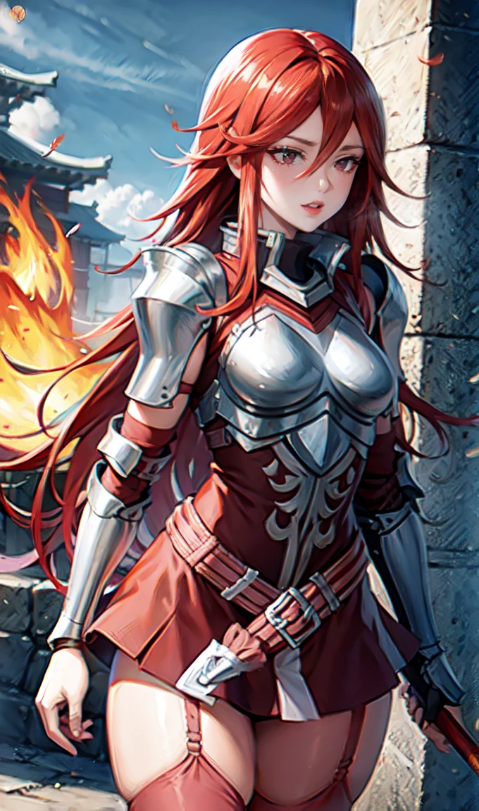 breastplate, elbow armor, both arms, two arms, perfect arms, 1girl, solo, red hair, armor, red skirt, long hair, messy hair, cordelia fe, breastplate, shouldera armor, arm armor, Redhead, Fire emblem, Gauntlet, belt, Garter Straps, Knee socks, thighs, japanese anime style, japanese anime screencap, japanese anime best girl, beautiful portrait of cute japanese anime girls, red eyes, (((hair feather))), smile, spear,(((red eyes))), pauldrons, cel anime, 