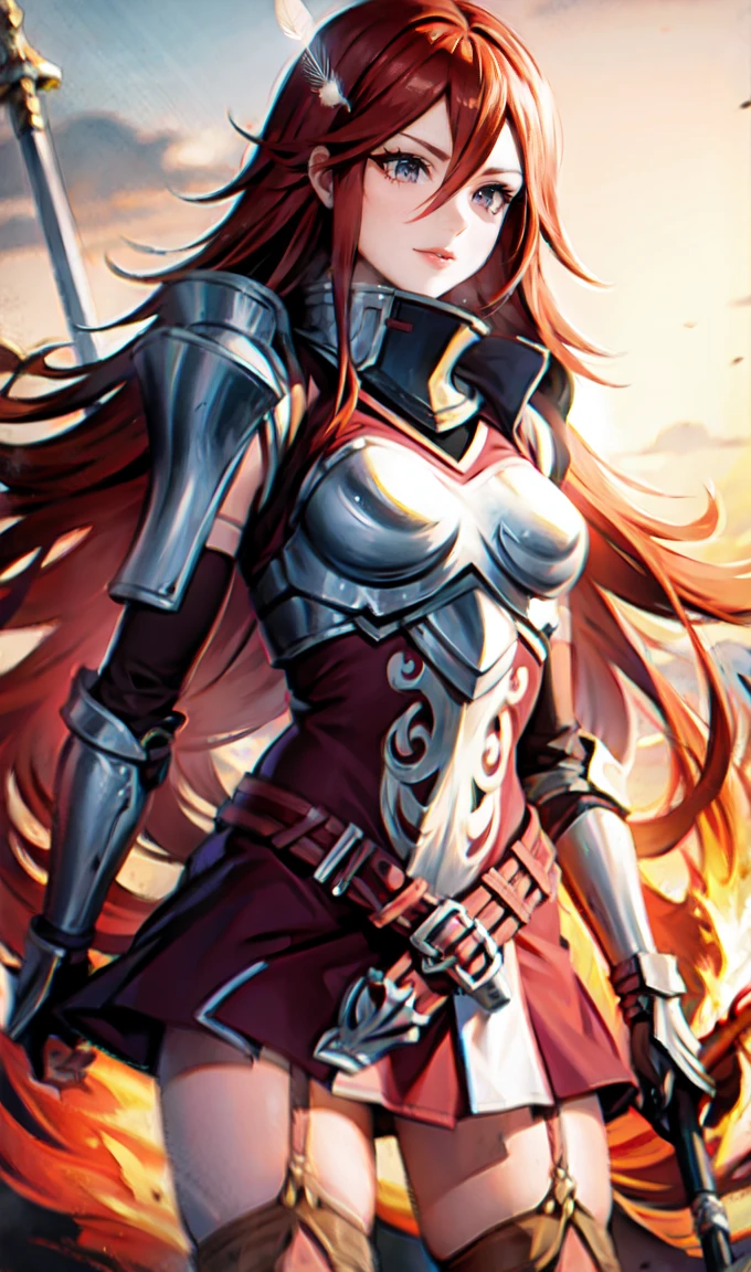 breastplate, elbow armor, both arms, two arms, perfect arms, 1girl, solo, red hair, armor, red skirt, long hair, messy hair, cordelia fe, breastplate, shouldera armor, arm armor, Redhead, Fire emblem, Gauntlet, belt, Garter Straps, Knee socks, thighs, japanese anime style, japanese anime screencap, japanese anime best girl, beautiful portrait of cute japanese anime girls, red eyes, (((hair feather))), smile, spear,(((red eyes))), pauldrons, cel anime, 