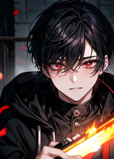 (tmasterpiece), (best qualtiy), (ultra - detailed), Short black hair, young man with red eyes,Wears a black hooded cloak,Western fantasy, front look, looki at viewer, The upper part of the body, blossoms, Flowingcolors, mostly cloudy sky