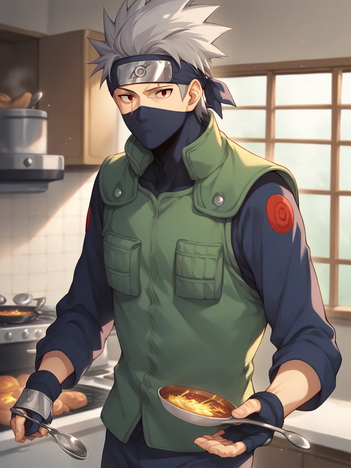 score_9, score_8_up,source_anime,
1boy, kakashi, grey hair, covered mouth, mouth mask, red eye, scar across eye, forehead protector, gloves, konohagakure symbol, mature, green vest, pants,
solo, cooking, holding spoon, indoors, kichen