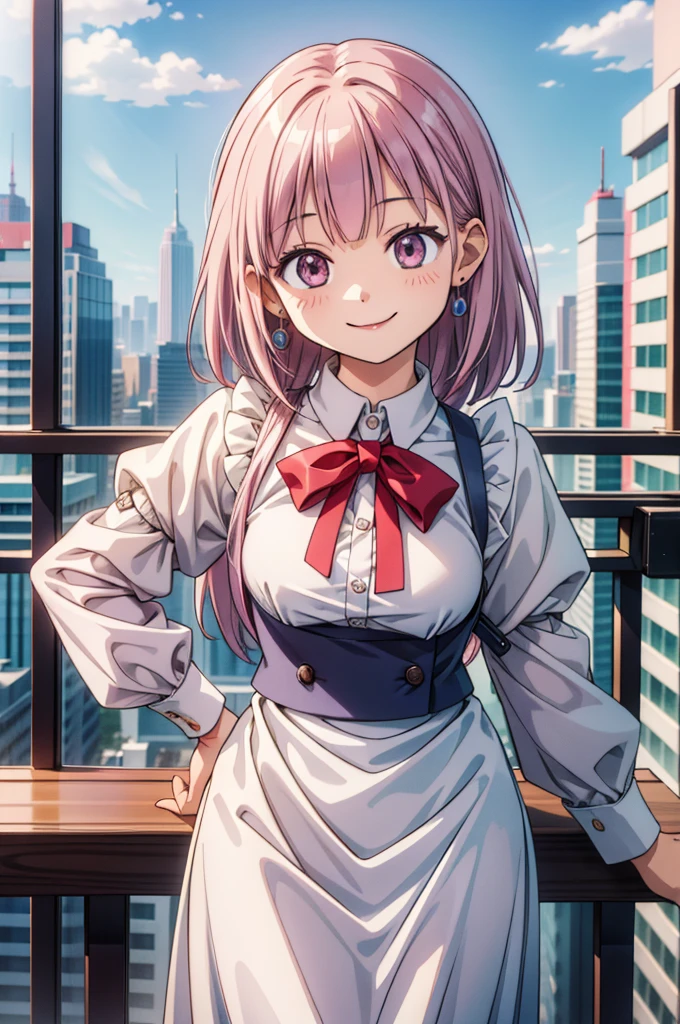 (masterpiece, ultra-detailed, best quality, clear focus, dramatic scene), (ultra-high resolution, 8k), perfect anatomy, perfect face, (detailed face, detailed eye), 20 years old beautiful Japanese girl, (she is working as a waitress at a roof top bar in the luxury hotel), serving, standing, very beautiful and cute and cool face, (wearing cute colored and cute decorated bar companion's uniform), (jewelry), dynamic pose, (smile, she looks so happy:1.3), (portrait, depth of field), face focus