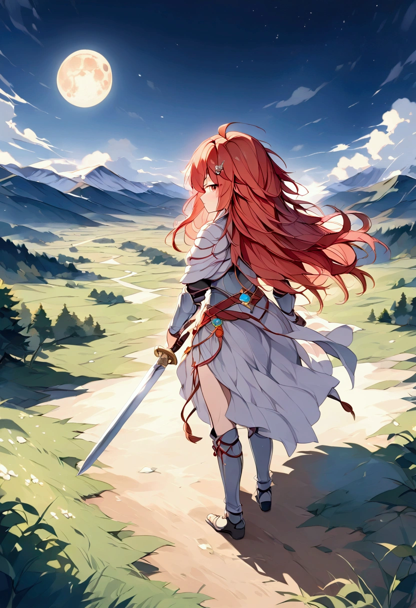  
(masterpiece),(Best Quality), Staring at the Moon , Female Warrior, Red Hair, Long Hair, Rin々Shii, Armor, I'm sticking an old sword into the ground ,  putting my hand on the handle of the large sword ,  Final Fantasy , Vision, full moon,8k,  Detailed Costumes,  Moon in the Wilderness , Veteran Hero, Wolf on the Side , Mountains,  it's illuminated by the moonlight, Far from the audience,Illustration from behind, Reward,  Tragic, Aftermath,  Illustration Feeling the Wind , rpg,  Fantastic Scenery, mihoyo style illustration, (watercolor|1.3)