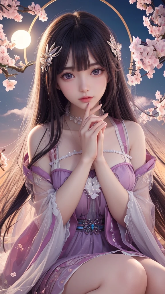Colorful hair(Purple and orange gradient)、twintails、a beautiful lady、Eyes that seem to be sucked in、Official art、tmasterpiece、Extremely delicate modeling、beste-Qualit、realphoto、8K image、hiquality、big chest out、Princess、ornate dress、Luxurious ornaments、Infant face、