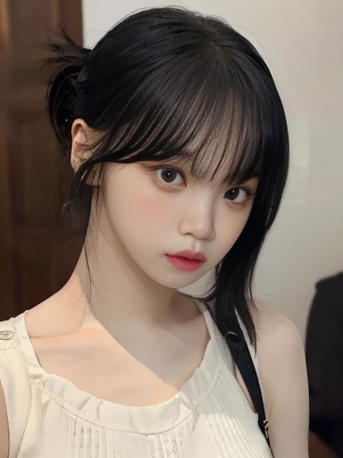 (Best Quality, 16k),Beautiful teenage girl , (Detailed skin, Sweet Dress), (Long Hair:1.3, Short bangs),(Mysterious lighting ), 16K film-like , adorned in a delicate clothes,with long flowing hair and Short bangs. The Detailed skin is meticulously depicted in high resolution, The scene is wrapped in a mysterious atmosphere , creates a mysterious atmosphere under enchanting lighting , flat chest,Thin legs,Slim body,Small waist,Small waist, High Resolution ,  entrance slightly in a cafe in the city, High Resolution , masterpiece, accurate, Best Quality, Ultra high definition,  very detailed,  textured skin, Dream environment ,(( ponytail)),Unreal Background,Purple Mist, thin cotton fabric underwear,extra fine shoulder straps ,No makeup,No makeup,High quality photos,Solemn expression,Suspicious expression ,Suspicious look, expression trying to act carefully ,(目の周囲はNo makeup),Gaze, I came to the futuristic city in my dreams,Thin eyebrows, background futuristic building in the distance,