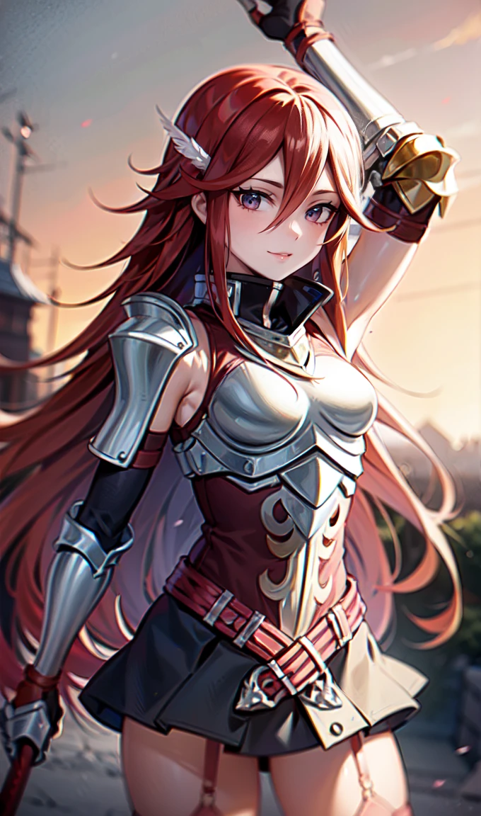 breastplate, elbow armor, both arms, two arms, perfect arms, 1girl, solo, red hair, armor, red skirt, long hair, messy hair, cordelia fe, breastplate, shouldera armor, arm armor, Redhead, Fire emblem, Gauntlet, belt, Garter Straps, Knee socks, thighs, japanese anime style, anime screencap, anime best girl, beautiful portrait of cute anime girls, red eyes, hair feather, smile, spear, red eyes, pauldrons,