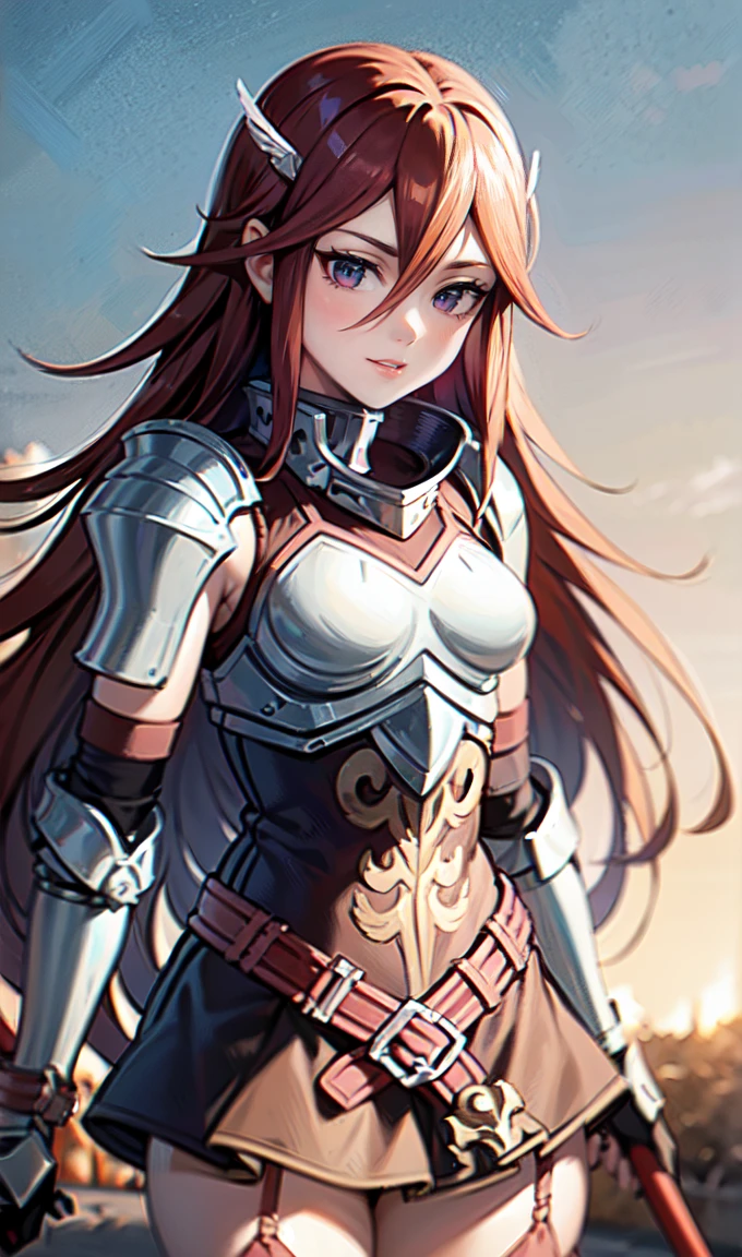 breastplate, elbow armor, both arms, two arms, perfect arms, 1girl, solo, red hair, armor, red skirt, long hair, messy hair, cordelia fe, breastplate, shouldera armor, arm armor, Redhead, Fire emblem, Gauntlet, belt, Garter Straps, Knee socks, thighs, japanese anime style, anime screencap, anime best girl, beautiful portrait of cute anime girls, red eyes, hair feather, smile, spear, red eyes, pauldrons,