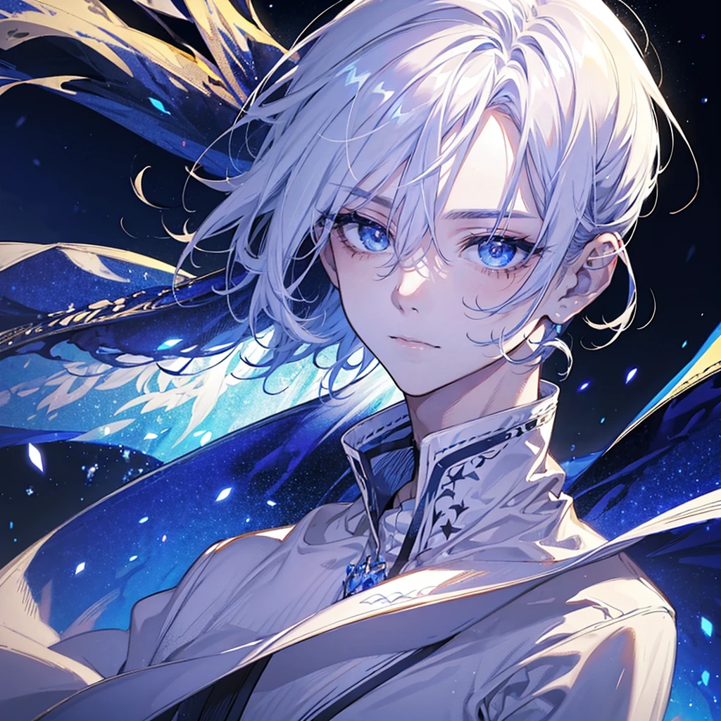 1 boy, Alone, a man, Innocent Expression, Eyebrow Slight , short hair, masculine anime character, short snow-white hair, blue eyes, sharp facial features, slightly widened eyes, gentle gaze, focus on eye and nose bridge, eye close-up shot, vivid gemstone-like eye, high saturation vibrant colors, Parted Lips,  hyper-detailed iris with reflections, reflective textures, glowing ornaments, celestial lighting, masculine elegance, defined cheekbones, sharp nose bridge, shimmering light effects, ethereal atmosphere, holy or divine theme, mystical aura, clear eyes, halo light glow, macro shot of eye and nose, one eye visible with sharp nose bridge, vibrant sharp eyes, wide-eyed innocence, eyebrows slightly raised, soft expression #male #man