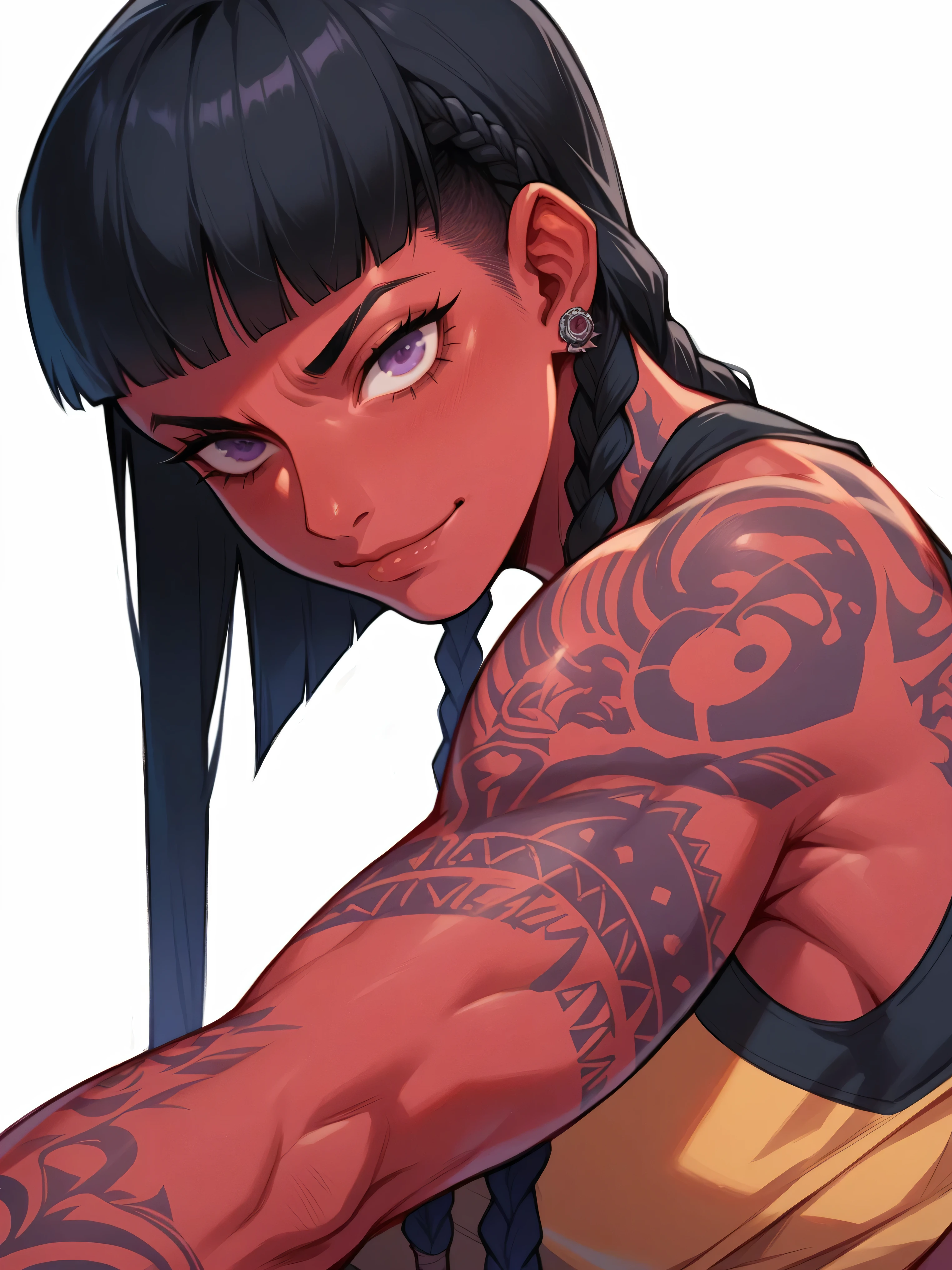 criminal case style, comics style,young woman with red skin but black hair cut in a braided bob ,african braid,and purple eyes puts on a streetwear , athletic, black top tank , street tattoos. smiled , athletic body, muscular developed