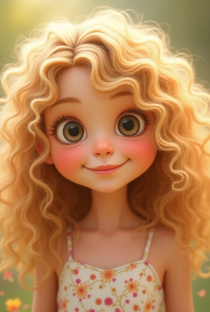 (a 26-year-old woman),(blonde hair), (dark brown eyes),(smiling),(Pixar and Disney inspired),(vibrant colors),(soft lighting)