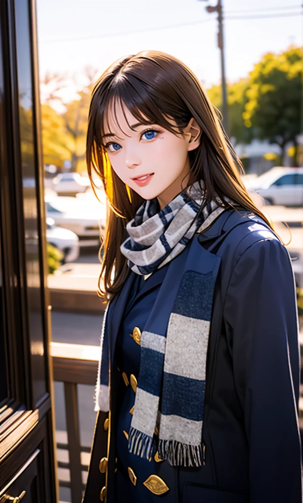 (masterpiece),(Best Quality:1.2),One Girl,(Masseter region:1.3), Exquisite Details, Best Qualityの8K解像度, Super detailed, Realistic, Vibrant colors, Soft tone, Warm and gentle lighting,(Beautiful checked scarf:1.3)(Brown long coat:1.2) evening,Big Sunset,( smooth straight blonde hair :1.2),(Hair parted in the middle:1.3),(Shiny Hair),(Dark blue eyes:1.3),White skin, Hair Clip,clock,Overflowing with gentle and gentle emotions ,(The promenade is full of flowers),Sunshine,Warm golden glow,Happiness and laughter,Super detailedな描写とVibrant colorsにこだわって.  A style that combines romanticism and realism、Depth of Love,Color Palette,And the lighting is soft and diffused.., Give your face a gentle light,This work is a masterpiece,