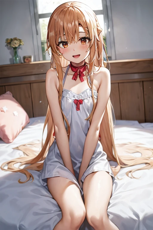 ((Best Quality)), ((masterpiece)), (be familiar with),  perfect face, indoor, bedroom, Watching the audience,
One woman, Yuuki Asuna,
Open Mouth, Ecstatic expression, blush, smile,
Small breasts,  flat chest, , , child, Girl,
Long Hair, Long Hair,
Leg spread,