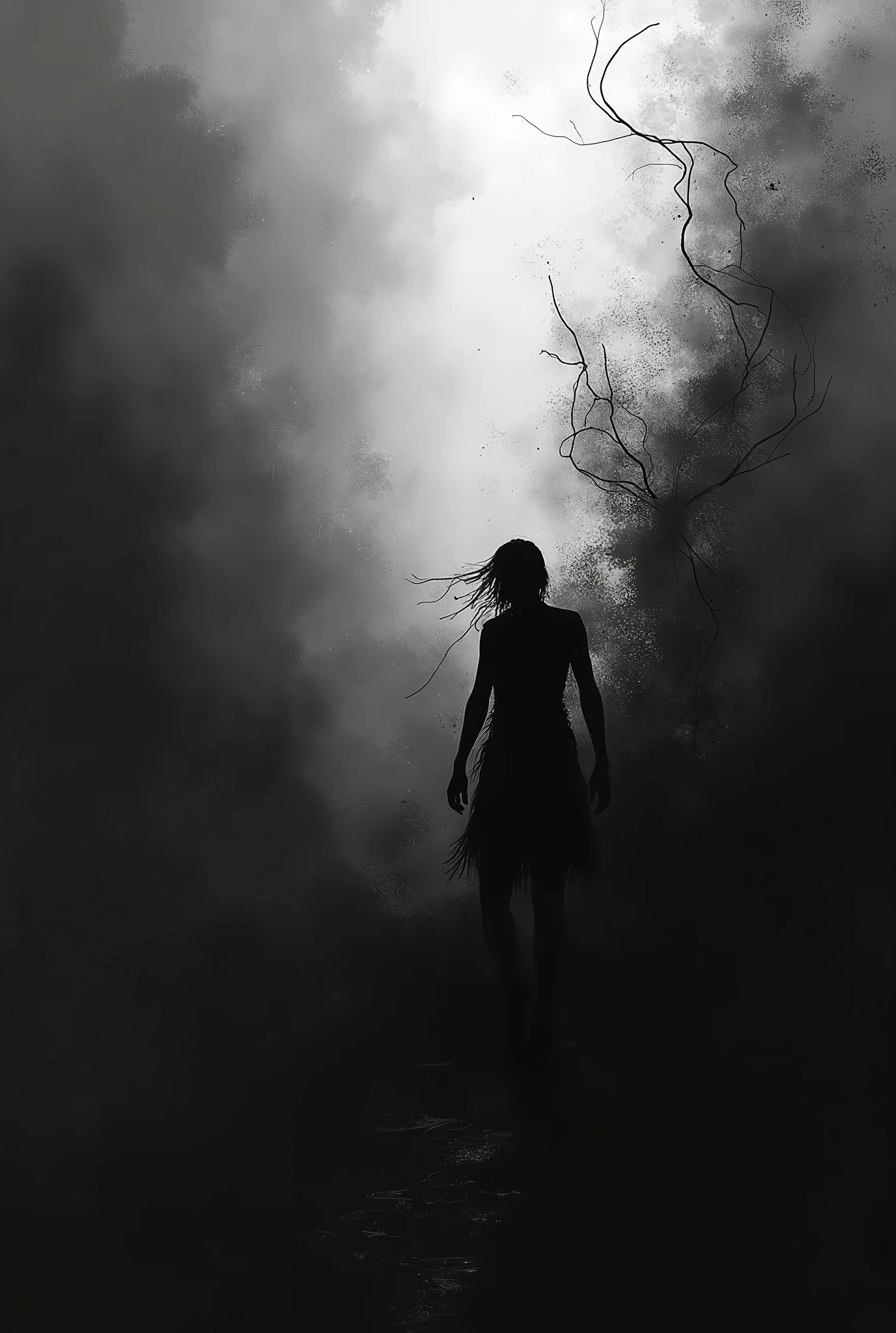 Disturbing image of a age girl walking shirtless and barefoot on the side of a road on a cold night, fotografia de filme de terror