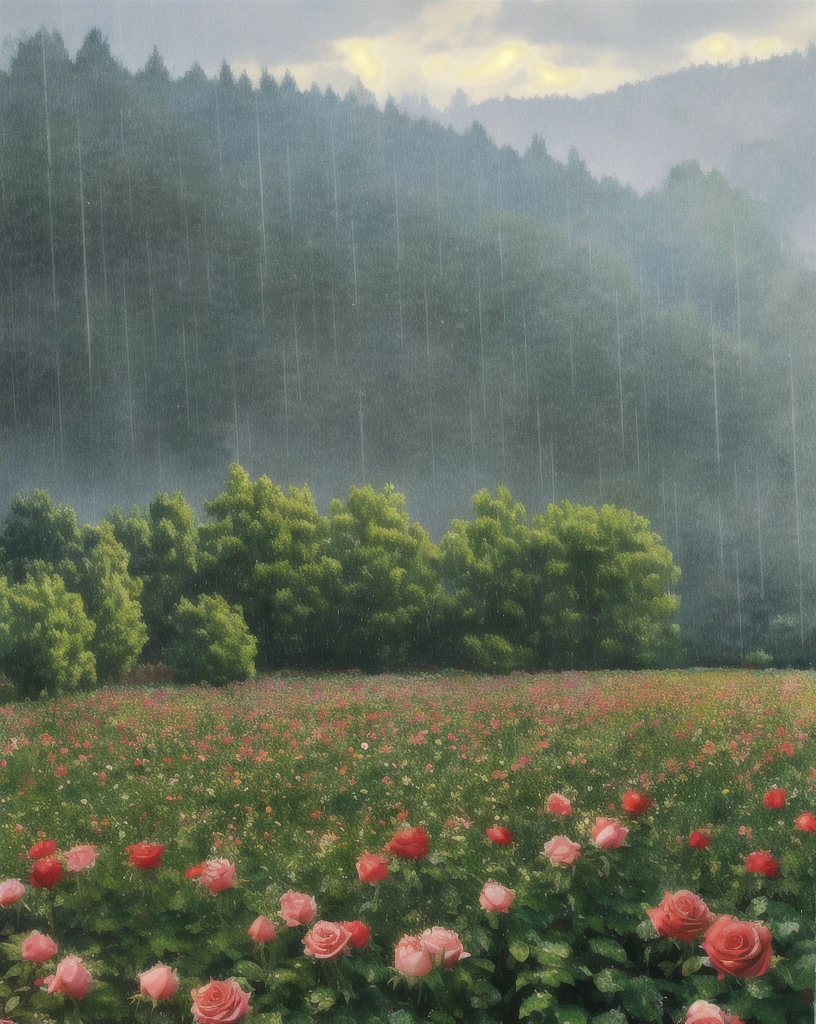 masterpiece,Best Quality、photorealistic,outdoor,(roses_garden),(after_rainning,shining_raindrops),
