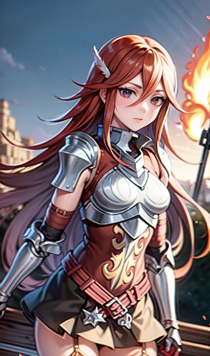 breastplate, elbow armor, both arms, two arms, perfect arms, 1girl, solo, red hair, armor, red skirt, long hair, messy hair, cordelia fe, breastplate, shouldera armor, arm armor, Redhead, Fire emblem, Gauntlet, belt, Garter Straps, Knee socks, thighs, japanese anime style, anime screencap, anime best girl, beautiful portrait of cute anime girls, red eyes, hair feather, smile, spear, (((red eyes))), pauldrons,