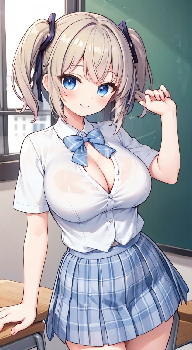 Highest quality,masterpiece,One person,Blonde,two-sideup hair,Schoolgirl uniform,cleavage,Short sleeve,mini skirt,Large Breasts,smile,classroom,